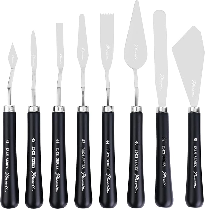 PHOENIX High Flexible Palette Knife Set, 8 Pieces Stainless Steel Painting Knives (31,41,42,43,44,46,51,52) Art Knife with Wood Handle, Paint Spatula for Oil Acrylic Paint