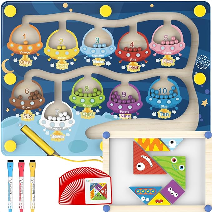 Magnetic Color & Number Maze Toy - Interactive Montessori Learning Board with Whiteboard, 3 Watercolor Pens, and Monster Puzzle for Kids Ages 3+