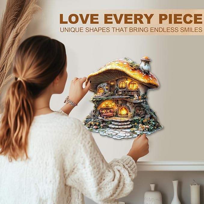 Wooden Puzzles for Adults, Mushroom House Puzzles, Wood Adult Puzzle, Birthday Gifts for Puzzle Lover (L-13.1 * 13.4 in 290pcs)