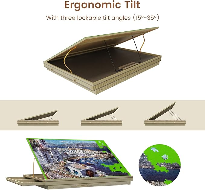 Large Puzzle Board & Puzzle Table with Folding Legs and Drawers 36″ × 26″ Tilt Tabletop for 1500 Piece Puzzle Board, Portable Ergonomic Puzzle Table for Family Bonding & Cognitive Therapy