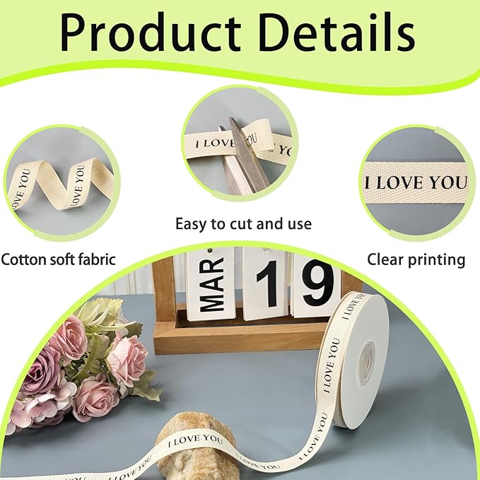 Cotton Herringbone Ribbon - Natural Twill Tape for Custom Gift Wrapping & DIY Crafts-5/8 Inch x 15 Yards - I Love You Printed Phrase