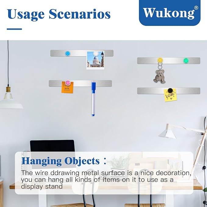 Wukong 8 Pack | 30x3cm(11.81 x 1.18) Magnetic Stainless Silver Boards Strips, Adhesive Backing Bulletin Bar Board, Memo Board with 32Pcs Colorful Magnets for Office, Home, Photo Wall, Documents