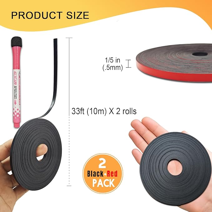 Magnetic Tape Roll Thin Strip, 1/5 Inch x 33 Feet Magnet Tape Line for Classroom Office, Magnetic Boarders for Witeboard (Black+Red)