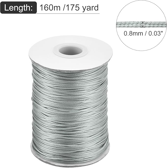 MECCANIXITY Waxed Cord 0.8mm Waxed Polyester Cord 175 Yard Wax String for Bracelet Making,Necklaces, Beading,Jewelry Making and DIY Crafts(Light Gray)