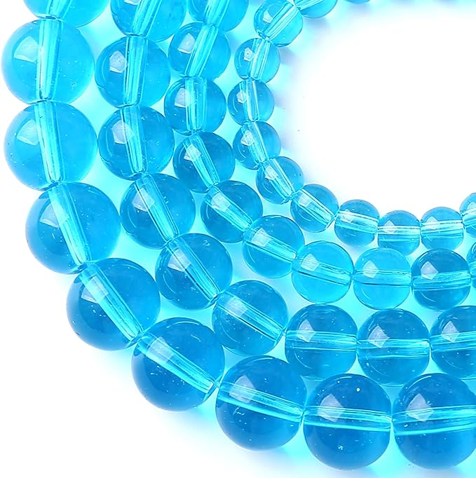 8MM Lake Blue Glass Beads Natural Gemstone Round Loose Stone Beads for Jewelry and Bracelets Making 90pcs 2 Strands 32"