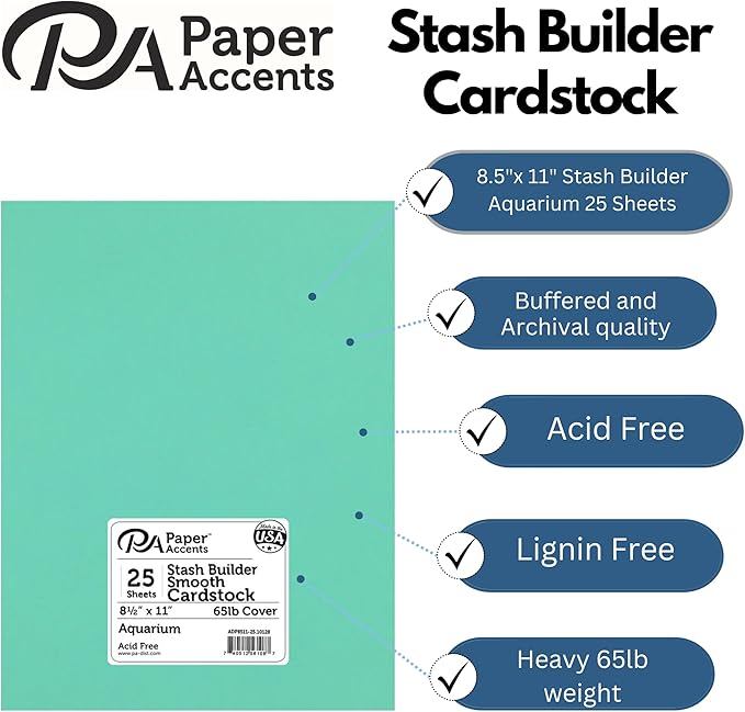PA Paper Accents Stash Builder Cardstock 8.5" x 11" Aquarium, 65lb colored cardstock paper for card making, scrapbooking, printing, quilling and crafts, 25 piece pack