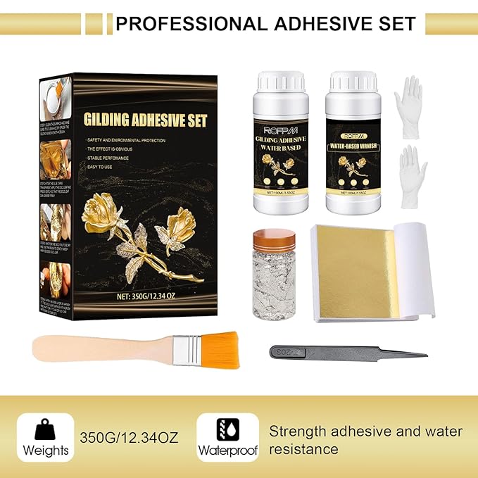 Gilding Adhesive Set Gold Leaf Sheets for Art 100ml Water Based Metal Leaf Glue and 100ml Varnish, Gold Foil Sheets for Crafts 100 pcs, 2 Brushes and 1 Sheet Tweezers