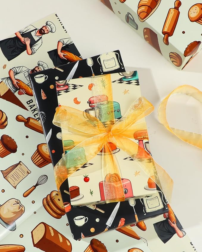 Pineraap 12 Sheets Baking Theme Wrapping Paper, Cute Baker Design Gift Wrap Paper with Croissant, Bread, Folded Flat Art Paper for Baking Lover, Baker, Birthday, DIY Crafts, 19.7 x 27.6 Inch