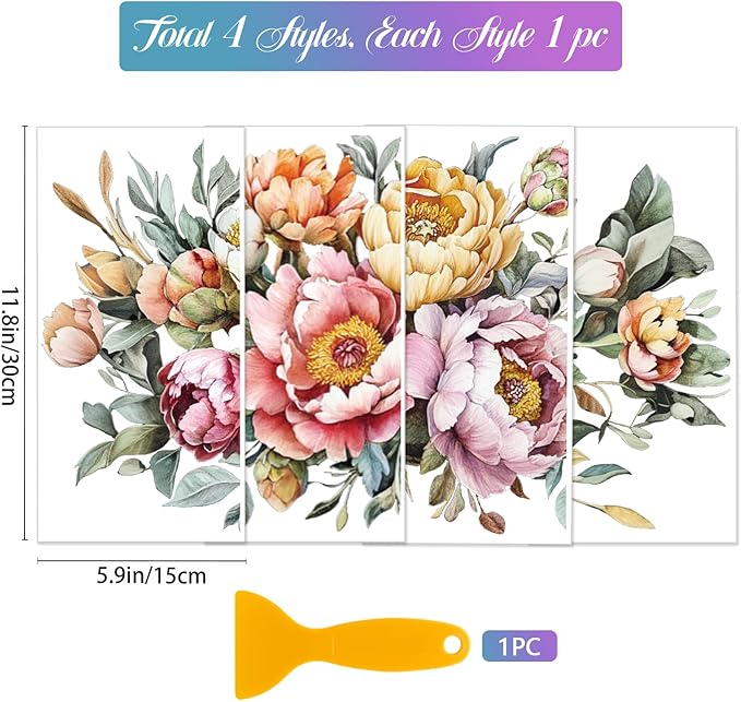 GLOBLELAND 4 Sheets Spring Peony Flowers Furniture Transfer 11.8x5.9inch Vintage Flowers Rub on Transfer UV Self-Adhesive Stickers Wall Art Craft for Bedroom Living Room Desk Table