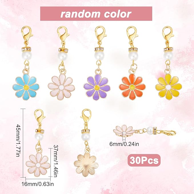 SUNNYCLUE 1 Box 30Pcs Stitch Markers Crochet Stitch Marker Daisy Flower Charms Pearl Beads Zipper Pull Clip On Removable Lobster Claw Clasp Charm Locking Knitting Markers for Weaving Sewing Quilting