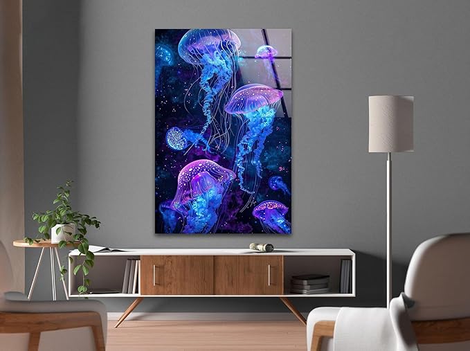 My Photostation.com 18Wx28H'' Glowing Jellyfish Glass Wall Art Tempered Glass Printing Wall Decor Large Wall Art Wall Hangings