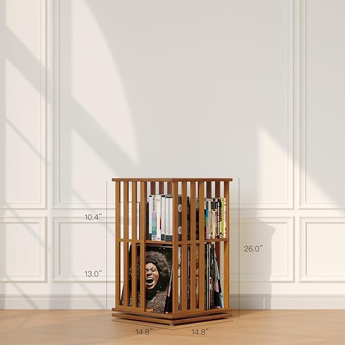 XIMN 360° Rotating Bamboo CD/DVD Shelf - 6-Tier Space-Saving Media Storage Cabinet for Movies, Organizer with Super Compact Design (Walnut, 2 Tier)