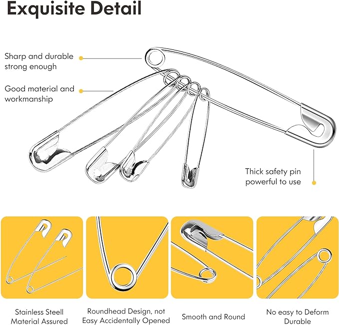 Huhuhero 150Pcs Safety Pins, Large & Small Safety Pins for Clothes Sewing Craft, Nickel Plated Steel Assorted Size Pins Bulk, Art and Craft Supplies (Sliver)