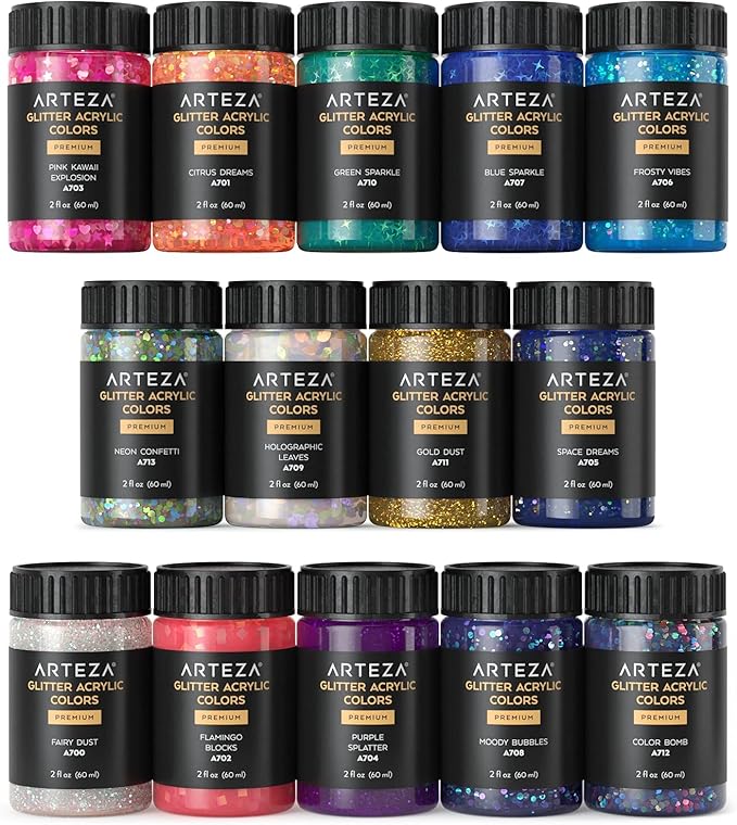 ARTEZA Glitter Acrylic Paint, 14 Iridescent Colors, 2 fl oz Bottles, Transparent Base, Iridescent Paint with Chunky Glitter, Art Supplies for Adding Accents to Canvas, Paper, Wood, and Glass