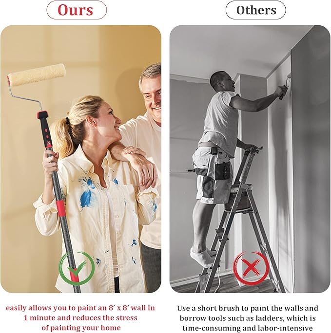 Paint Roller Extension Pole,96inch Brush kit Multi-Function Paint Roller kit Cleaner with House Paint Rollers Brush Stainless Steel Pole,Mural Brush for Walls and Ceiling Paint Roller no drip Grey