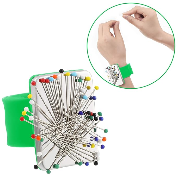 WILLBOND Magnetic Wrist Sewing Pincushion Wrist Magnetic Pin Holder Wristband Pin Cushion Holder with 3 Pcs Stainless Steel Pintail Comb Rat Tail Comb for Hair Clips Hand Sewing(Green)