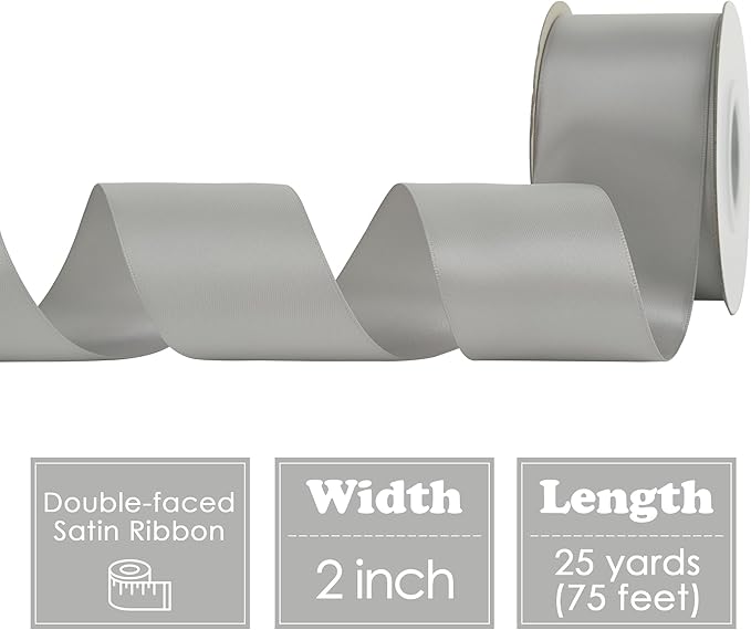 HUIHUANG Silver Satin Ribbon 2 inch Wide Double Faced Satin Ribbon Silver for Gift Wrapping, Bows Making, Flower Bouquet, DIY Crafts, Wedding, Holiday Party Decor - 25 Yards/Roll