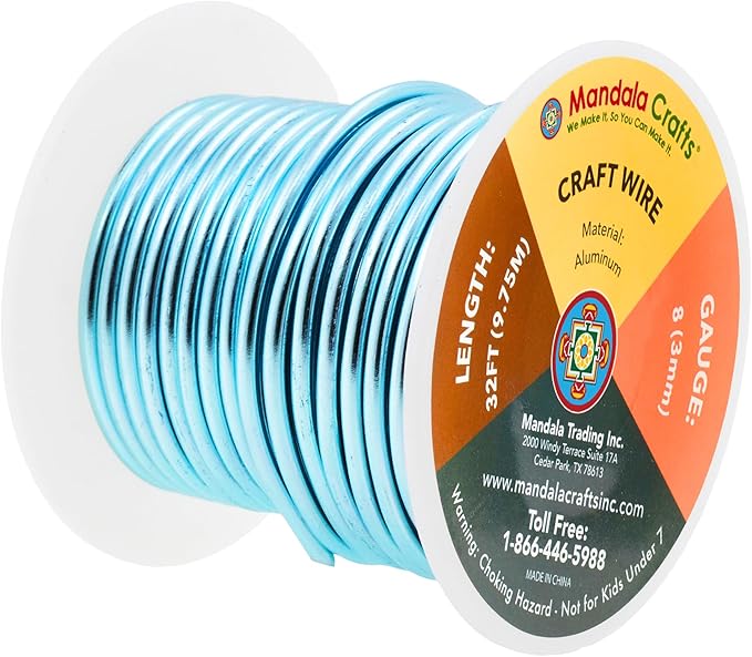 Mandala Crafts 8 Gauge Anodized Aluminum Craft Wire for Jewelry Making - 32 FT Colored Flexible Turquoise Wire - Bendable for Bonsai Armature Crafting Sculpting