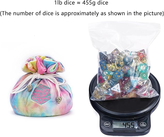 Large Dice Bags with Pockets Rainbow Storage Bag D20 Logo for DND RPG Game Dices (with 1lb Random DND Dice)