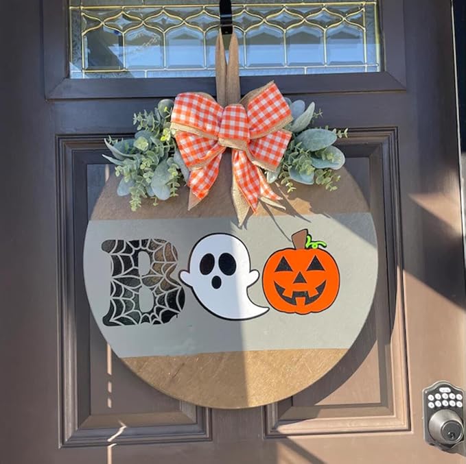 Halloween Stencils for Painting 12inch Large Reusable Halloween Stencil for Door Hanger Round Skeleton Ghost Boo Templates for Wood Walls Windows Door Mat Fabric