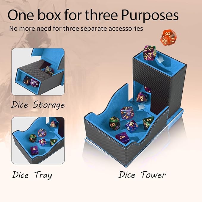 Dice Tower and Tray, Portable Commander Deck Box, Foldable Dice Storage Box for Dungeons and Dragons Rolling Tray Black/Blue