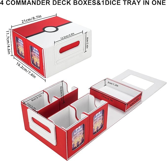 AFIING Commander Deck Box for MTG/EDH, Fits 400+ Double-Sleeved Cards, with Display Window, 4 Removable Deck Cases, Dividers, Dice Tray & Handle, Card Holders for TCG (White Red)