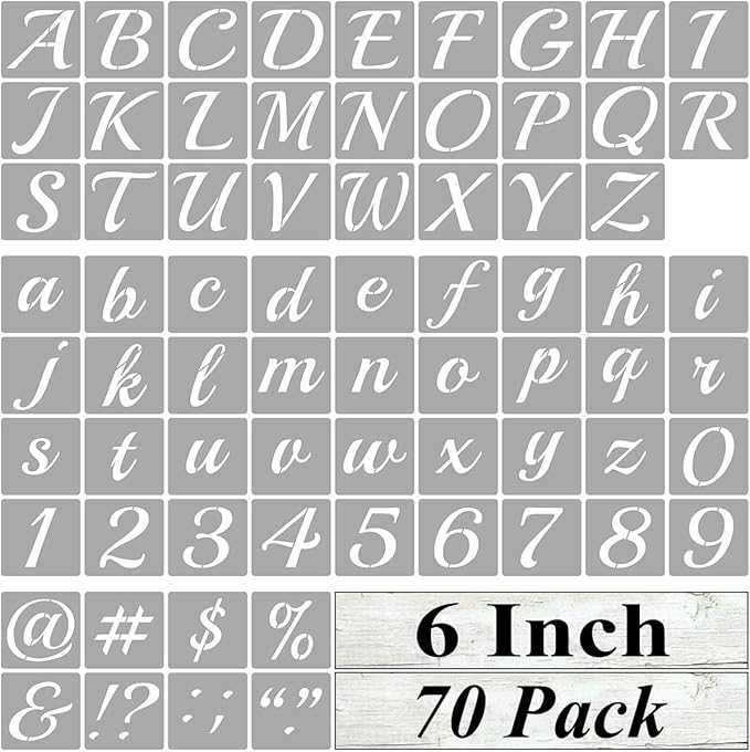 6 Inch Alphabet Letter Stencils for Painting - 70 Pack Letter and Number Stencil Templates with Signs for Painting on Wood, Reusable Cursive Letters Stencils for Chalkboard Wood Signs & Wall Art