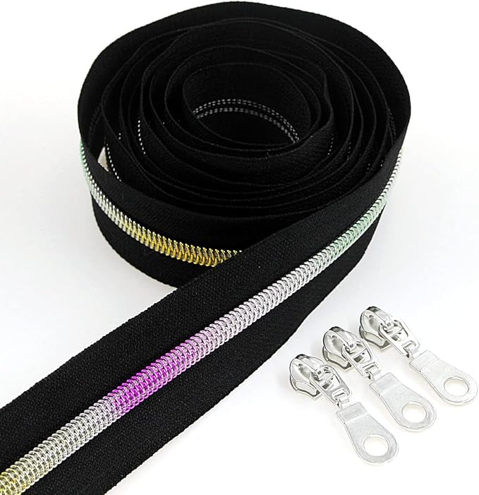 Leekayer #5 Metallic Nylon Coil Zippers by The Yard Rainbow Teeth Zipper Bulk 10 Yards Black Tape with 25pcs Silver Sliders for DIY Sewing Tailor Craft Bag(Black)