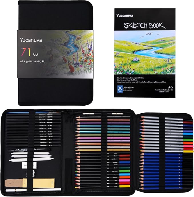 71Pack Drawing Supplies Sketching Kit,Art Supplies for Adults Artists Beginners,Drawing Kit Sketching Pencils with Sketchbook, Colored Watercolor Metallic Graphite Charcoal Pencils