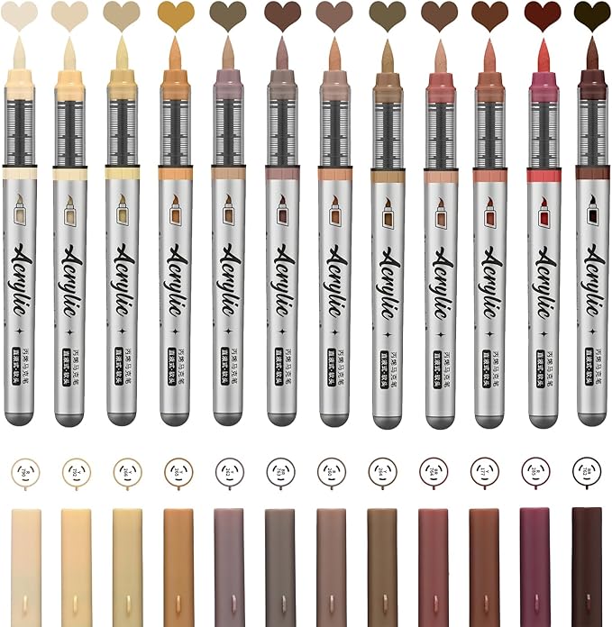 Brown Acrylic Paint Pens,12 Color Paint Pens Markers,Brush Tip Paint Pens for Rock Painting Wood Glass Ceramic Canvas Stone DIY Crafts Making Art Supplies