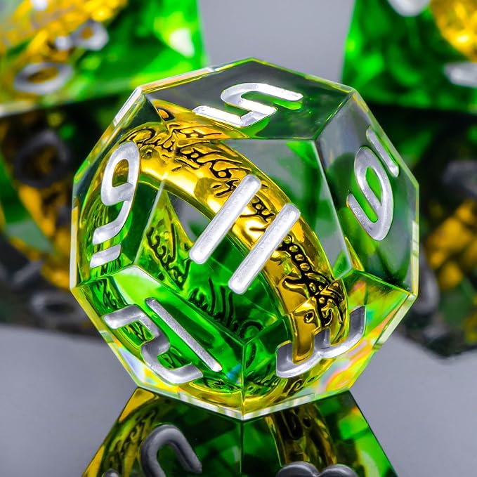 OUKELANWO Magic Lord Rings DND Dice Set with Box, 7Pcs Resin LOTR D&D Dice Set for Role Playing Game, Green Dungeons Dragons D and D Sharp Edge Dice D20 D12 D10 D8 D6 D4