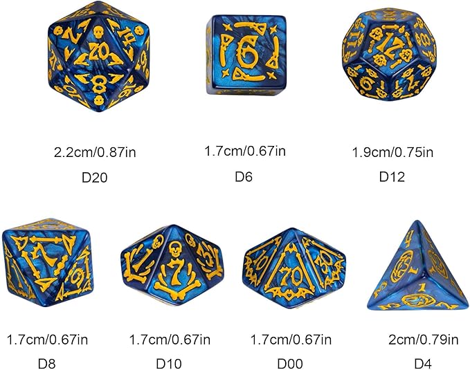7-Die DND Dice Set Halloween Pattern Polyhedral Dice Set with Leather Bag, Skull Dice D&D Dice Set for RPG Table Games (Halloween Pattern-Blue)