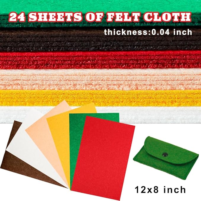 24 Pcs Felt Sheets for Crafts, 8 X 12 Inch Christmas Red Yellow White Fabric, 1mm Thick A4 Stiff Sheets for Patchwork