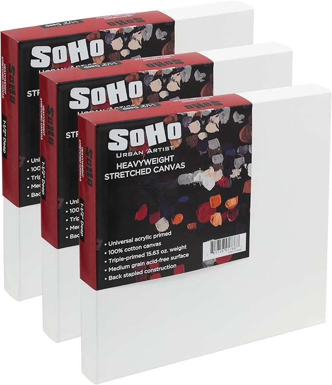 SoHo Urban Artist, 18x18 Heavyweight Stretched Cotton Canvas for Painting - 1.5" Deep- 3 Pack, Triple Primed, 100% Cotton Canvas, Archival, Universal Primed for Oil, Acrylic, Alkyd, Mixed Media