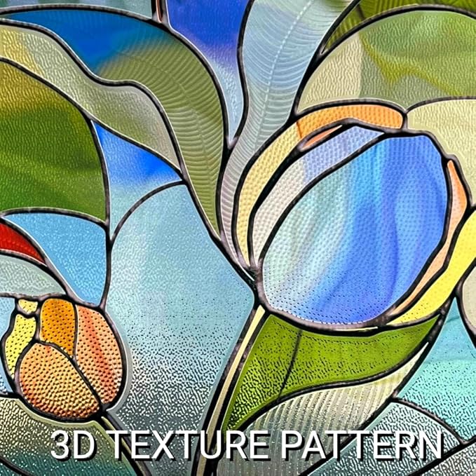 3D Stained Glass Window Film, Decorative Window Privacy Film for Bathroom,Front Door,Home, Sun Blocking Heat Control,Static Cling, Moonlight Tulip, 23.6inch x 35.4inch