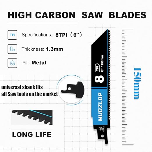 1 Pack 6 inch Reciprocating Saw Blades Set，8 TPI High Carbon Saw Blades for Wood with Nails ，Saw Blades with Organizer Case (1, 8T/6inch)