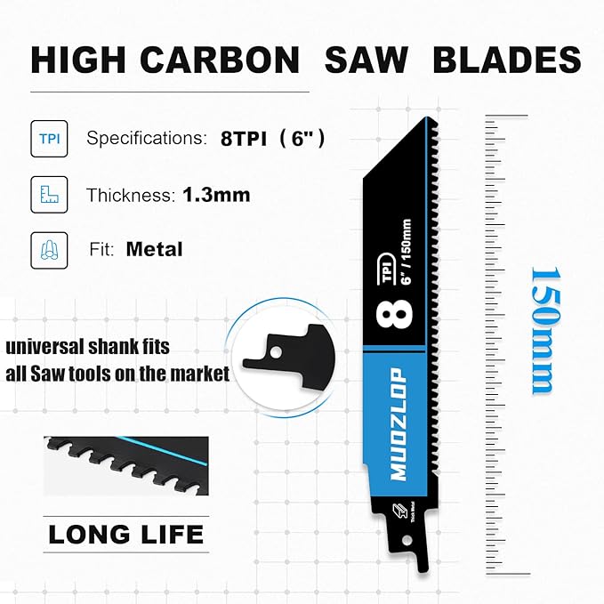 5 Pack 6 inch Reciprocating Saw Blades Set，8 TPI High Carbon Saw Blades for Metal ，Saw Blades with Organizer Case (5, 8T/6inch)