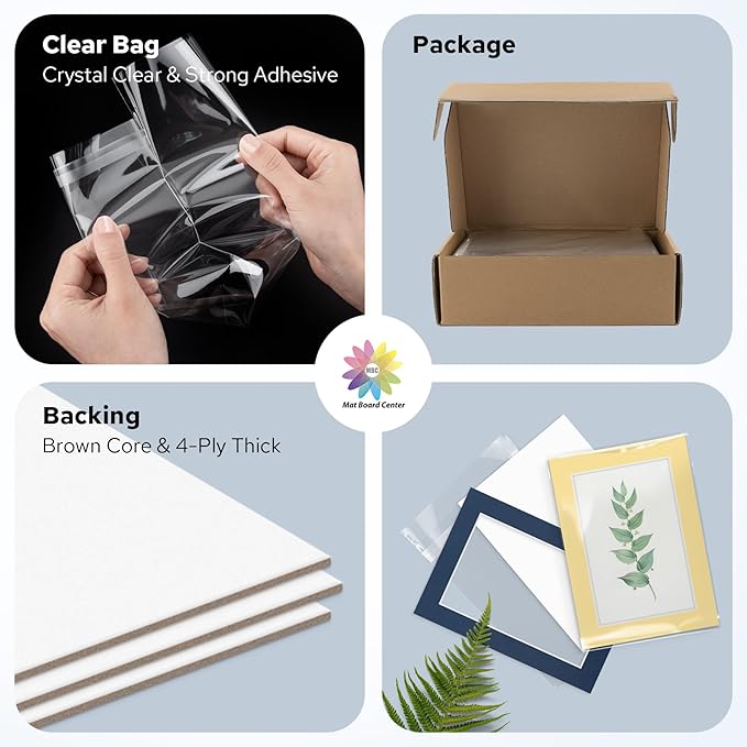 Mat Board Center, Pack of 25, 5x7 for 4x6 Mix Color Mat Kit - Acid Free, 4-ply Thickness, White Core - Includes Backing Boards and Clear Bags - for Pictures, Photos, Framing