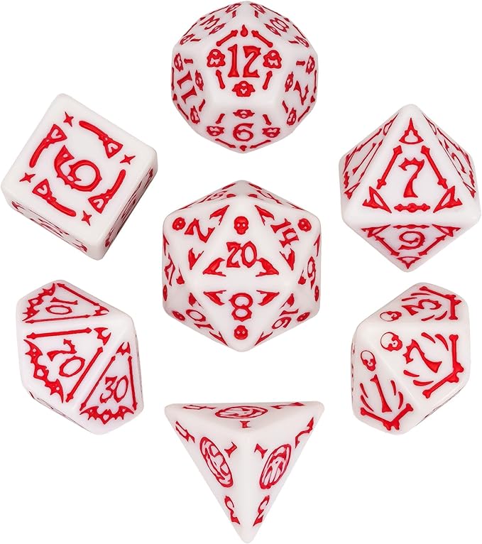 7-Die DND Dice Set Halloween Pattern Polyhedral Dice Set with Leather Bag, Skull Die D&D Die for RPG Table Games (Halloween Pattern-White/Red Number)
