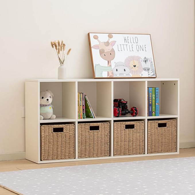 Wood 8-Compartment Storage Cabinet 8-Cube Storage Cabinet Organizer Wooden Cubby Bookshelf White 2 tier Open Cabinet Qquare Cubby Shelf for Home Office Living Room (8-Cube, 11 in Shelf Opening)