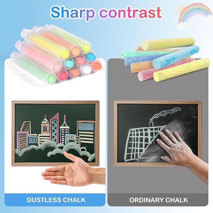 72Pcs Colored Dustless Washable Drawing Chalk Artists Set with 24 Holder - Non-Toxic Art & Drawing Supplies for Kids,Works on Glass/Paper/Wood/Tile (Avoid Rough Textures,Not For ROUGH Chalkboard Use)