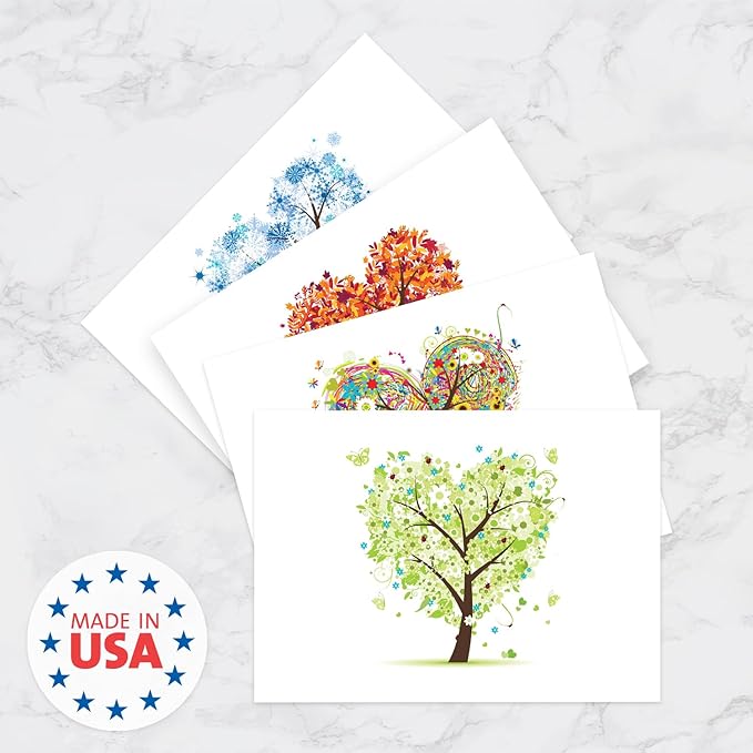 Seasons of Life Note Card Assortment Pack/Set Of 24 Greeting Cards And White Envelopes / 4 7/8" x 3 1/2" Cards Featuring 4 Seasonal Tree Designs
