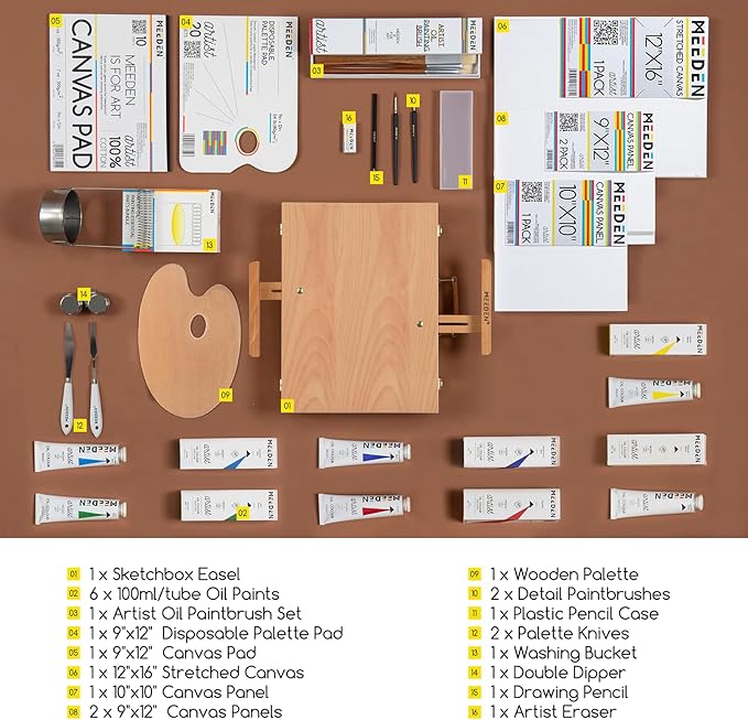MEEDEN Oil Painting Kit, Painting Sets with Sketch Easel Box, Professional Art Paint Supplies Kit with Paint Brushes, Palette Knives, Canvases for Painting Supplies for Adults