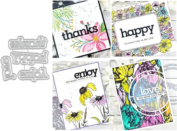 Metal Cutting Dies DIY Embossing Stencil Template Scrapbooking Card Making Mold Photo Album Arts Crafts Tools (Happy Thanks Love Enjoy- 9.6x9.3cm)