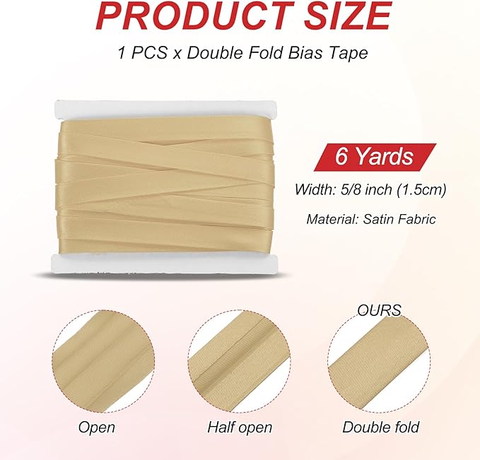 MECCANIXITY Double Fold Bias Tape for Sewing 5/8 Inch x 6 Yards Satin Pre-fold Continuous Binding Tape for Seaming Quilting Hemming Binding DIY Crafts, Light Brown