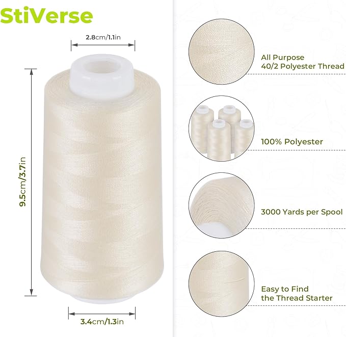 4 Pack Light Beige Thread of 3000 Yards Each, All Purpose Polyester Thread for Sewing, Overlock, Quilting, Piecing