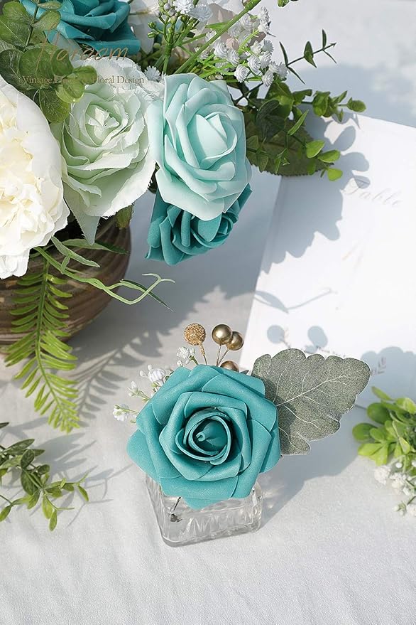 Floroom Artificial Flowers 25pcs Real Looking Green Ombre Colors Foam Fake Roses with Stems for DIY Wedding Bouquets Bridal Shower Centerpieces Floral Arrangements Party Tables Home Decorations
