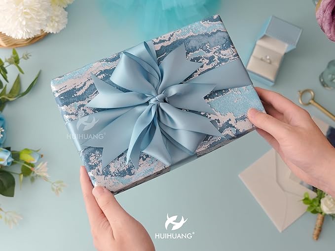 HUIHUANG Blue Satin Ribbon 1-1/2 inch x 100 Yards Dusty Blue Double-Faced Satin Ribbon for Flower Bouquet, Gift Wrapping, Eternal Roses, DIY Crafts, Bridal Shower Wedding Decor