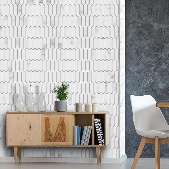 SUNWINGS Backsplash Tile for Kitchen Peel and Stick, Stone Composite Self Adhesive Tiles Faux Marble Pattern Long Hexagon Mosaic Wall Tile for Kitchen, 12 Inch x 11.22 Inch 10 Sheets White Marble