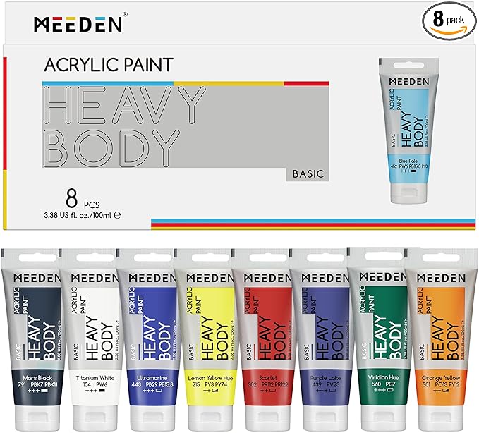 MEEDEN Heavy Body Acrylic Paints: Satin Finish Acrylic Paint for Halloween Pumpkin Painting - 100ml/3.38oz 8 Primary Colors Thick Basic Art Paint Tubes for Pumpkin Decoration